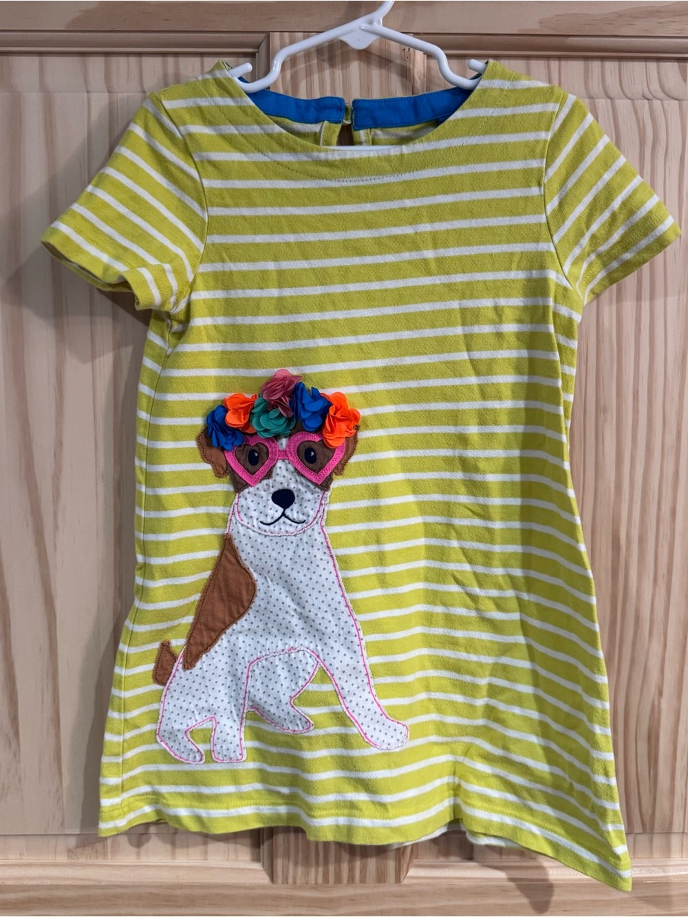 Mini Boden Striped Short Sleeve Dress Dog floral Applique 3-4 year